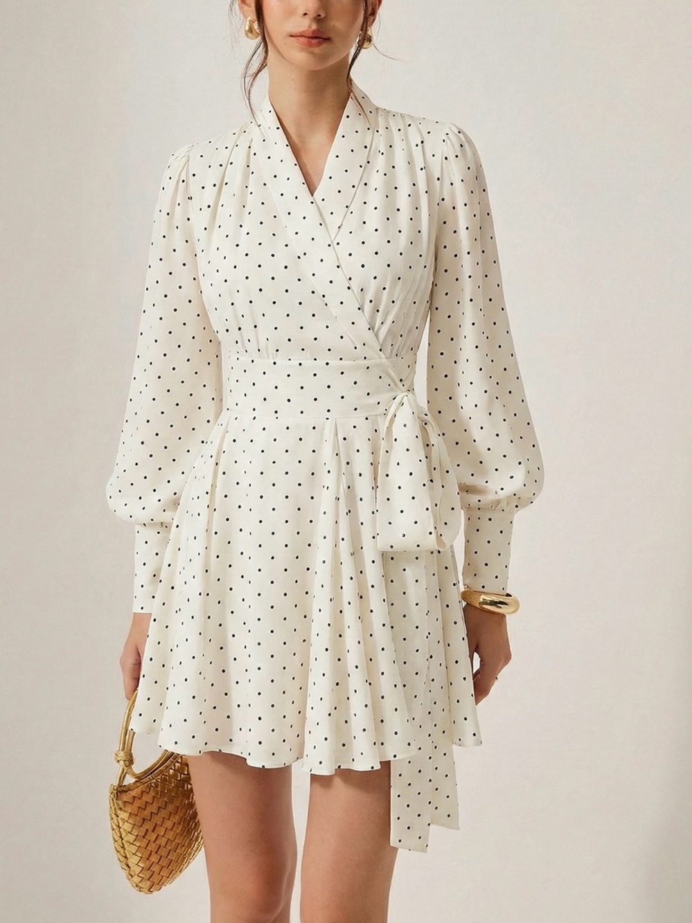 Commense Polka Dot Wrap Mini Dress Tie Waist Long Sleeve Cream Black Size M